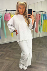 womens wide leg ribbed trousers and long sleeve drop shoulder oversized top loungewear set