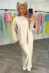 womens rib long sleeve drop shoulder oversized top and wide leg trousers two piece summer lounge set