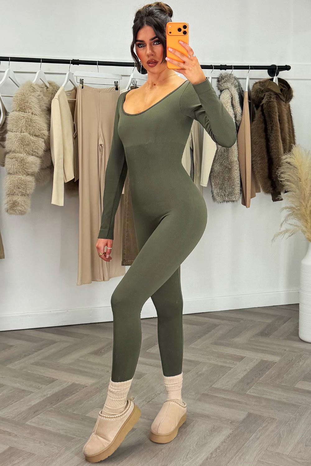 womens long sleeve seamless jumpsuit with bum lift structured contouring panels activewear styledup