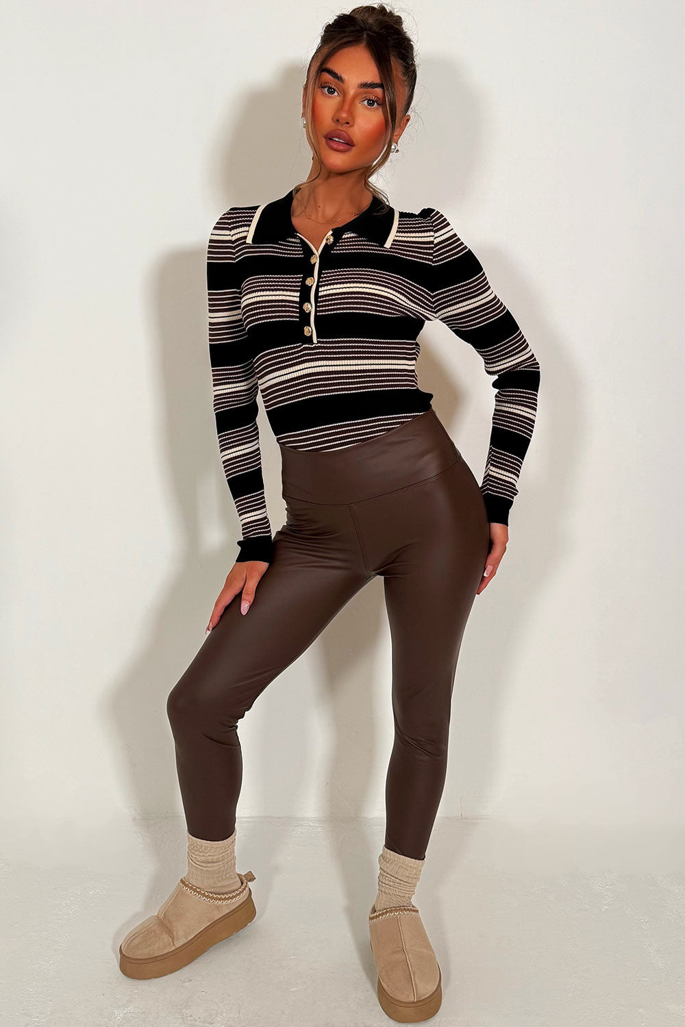 knitted long sleeve bodysuit top with gold buttons striped styledup