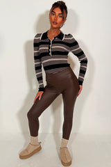 knitted long sleeve bodysuit top with gold buttons striped styledup