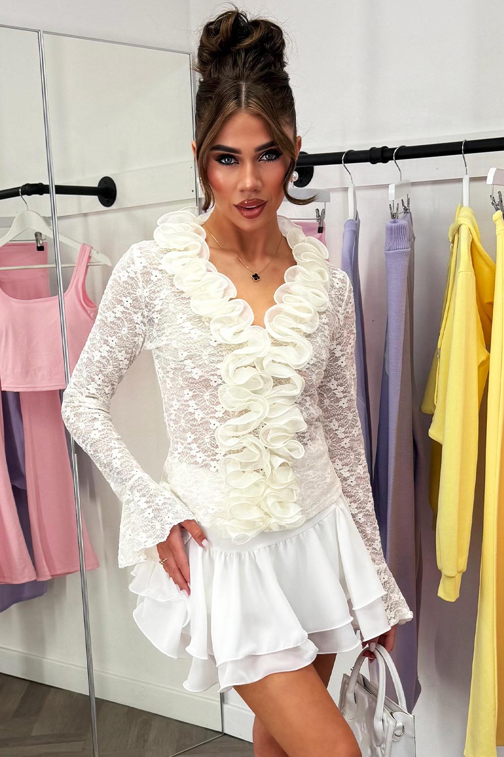 white long sleeve lace top with ruffle frilly front styledup 