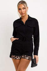 long sleeve leopard print contrast hem playsuit with belt christmas party outfit