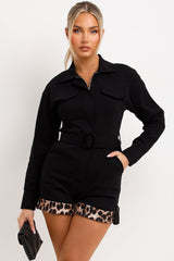 long sleeve leopard print contrast hem belted playsuit christmas party outfit