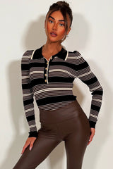 long sleeve knitted bodysuit top with gold buttons striped knitted styledup