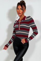burgundy stripy long sleeve bodysuit top with gold buttons styledup 