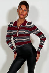 knitted long sleeve bodysuit top with gold buttons striped styledup