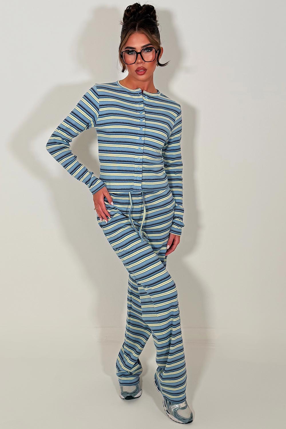 striped button up long sleeve top and trousers loungewear co ord set molly mae airport outfit