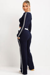 womens contrast side stripe joggers and top two piece loungewear set navy