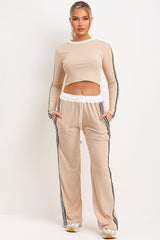 womens long sleeve top and wide leg elasticated waist joggers contrast side stripe tracksuit loungewear set