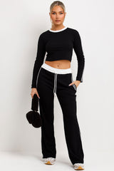 womens long sleeve top and wide leg elasticated waist joggers contrast side stripe tracksuit loungewear set