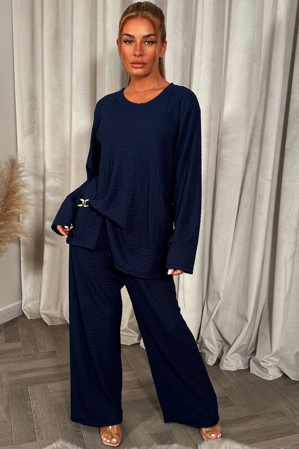 womens gold buckle long sleeve top and trousers co ord set styledup