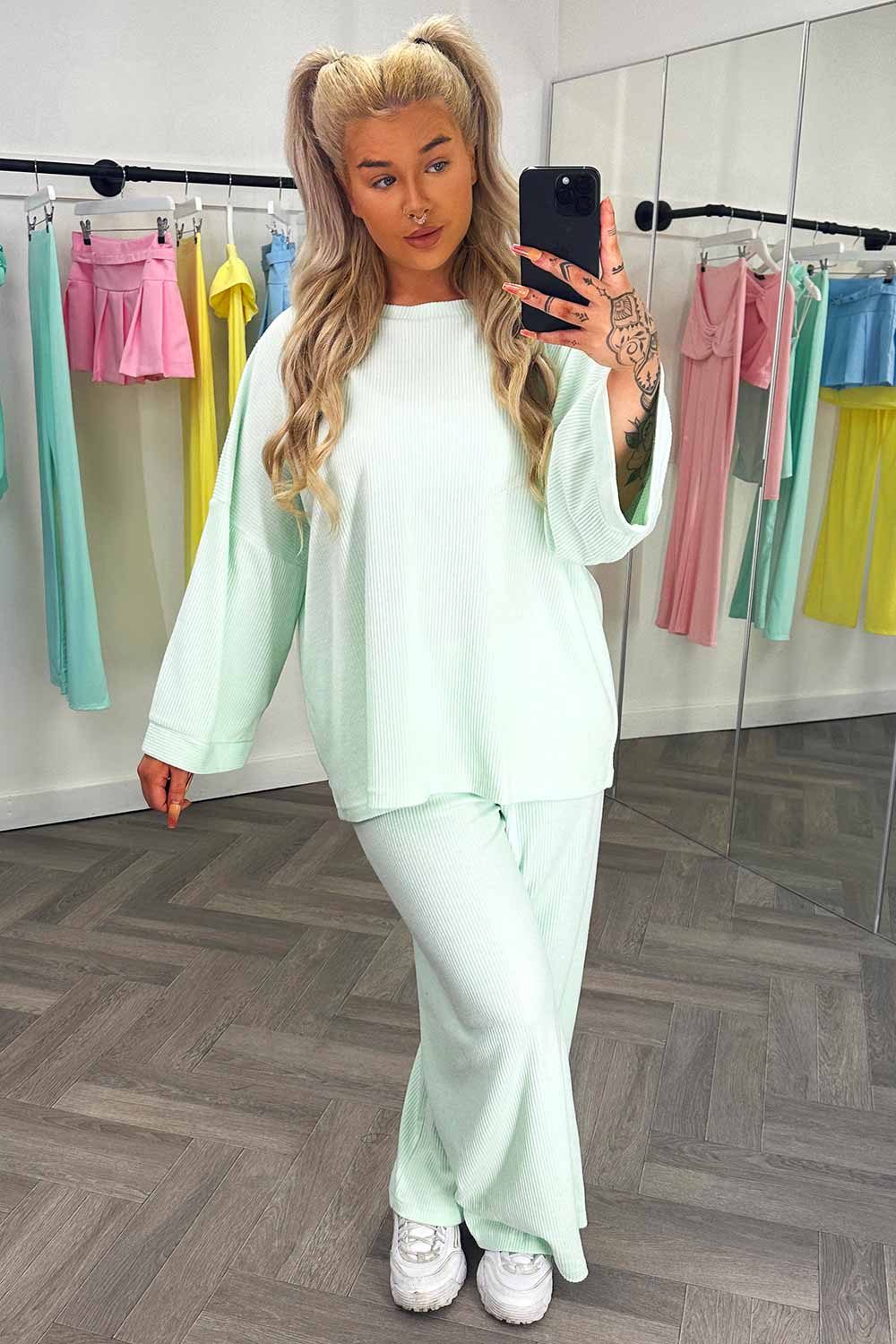 long sleeve drop shoulder oversized top and wide leg trousers co ord womens loungewear