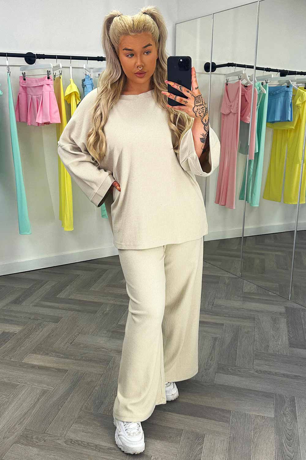 womens long sleeve ribbed drop shoulder oversized top and wide leg trousers two piece set loungewear co ord