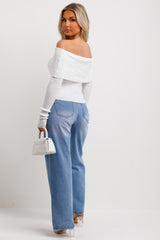 bardot fold over long sleeve jumper white
