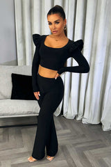 womens frilly shoulder long sleeve crop top and trousers co ord set going out christmas party outfit