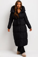 black long padded puffer hooded coat womens