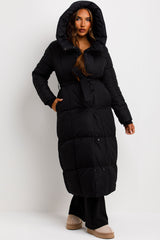 womens long puffer padded coat with hood and belt styledup