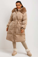 womens long puffer padded coat with fur hood