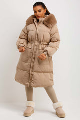 womens long padded puffer coat with fur hood and drawstring waist