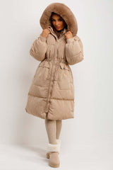 long puffer duvet coat with fur hood womens