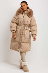 womens longline puffer coat with fur hood