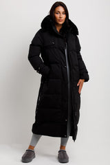 puffer trench coat with faux fur hood womens