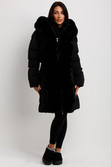 padded puffer long coat with faux fur hood and trim 2023