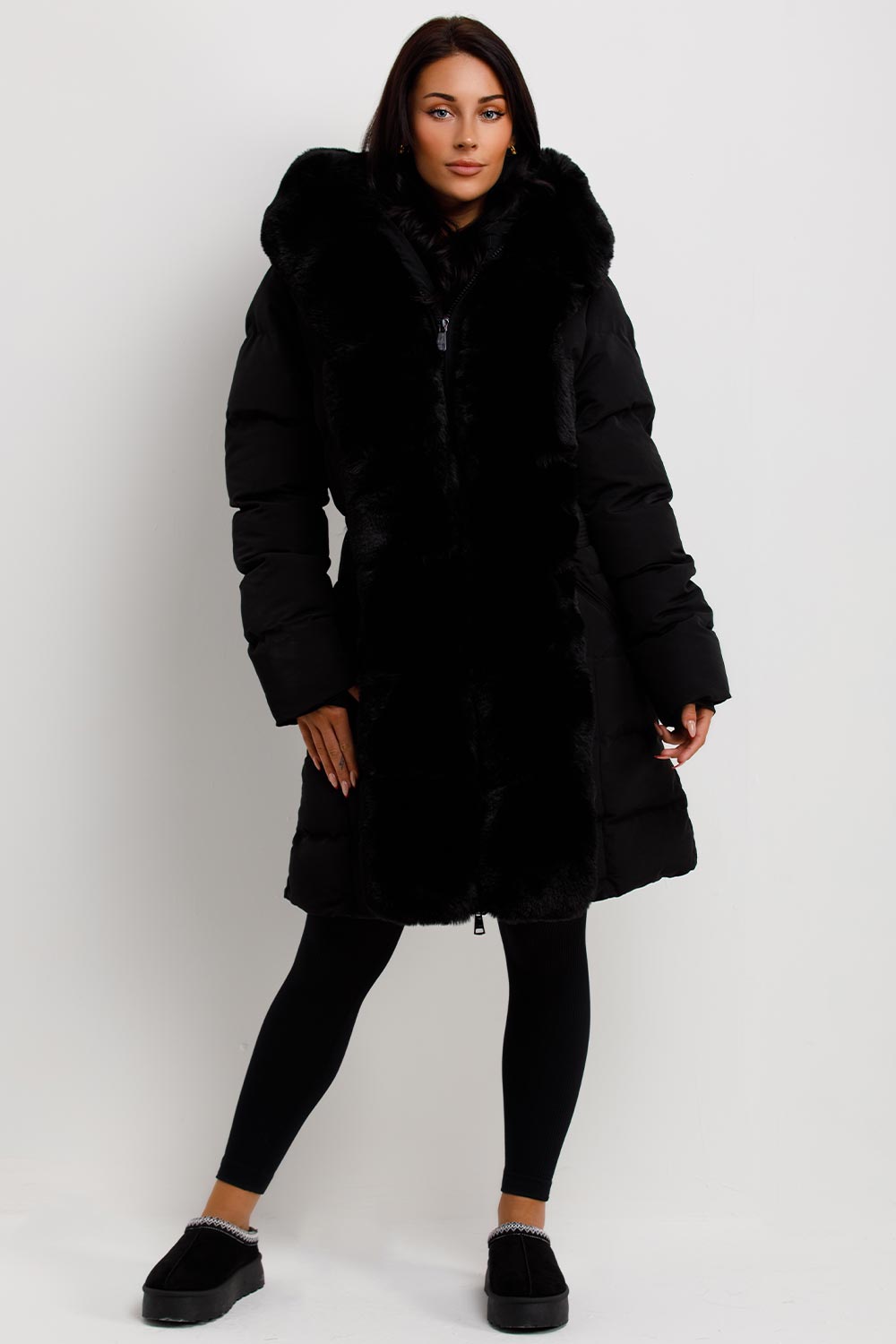womens fur hood and trim long padded puffer coat