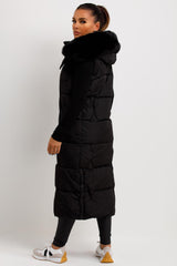 faux fur hood quilted puffer padded longline gilet