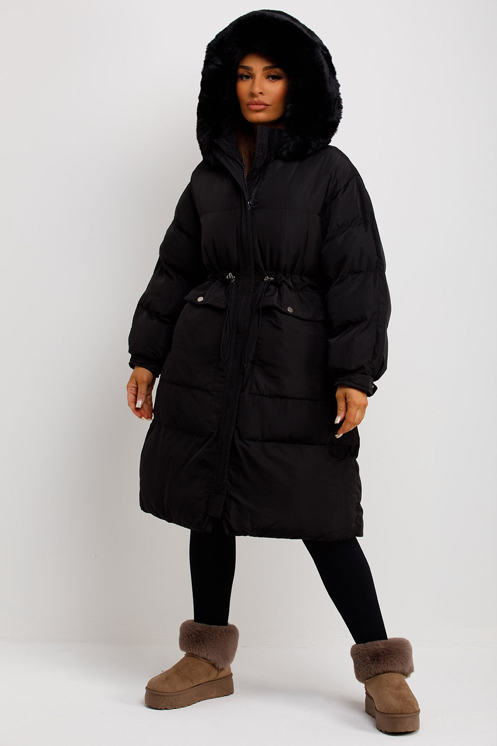 faux fur hood coat with drawstring waist womens