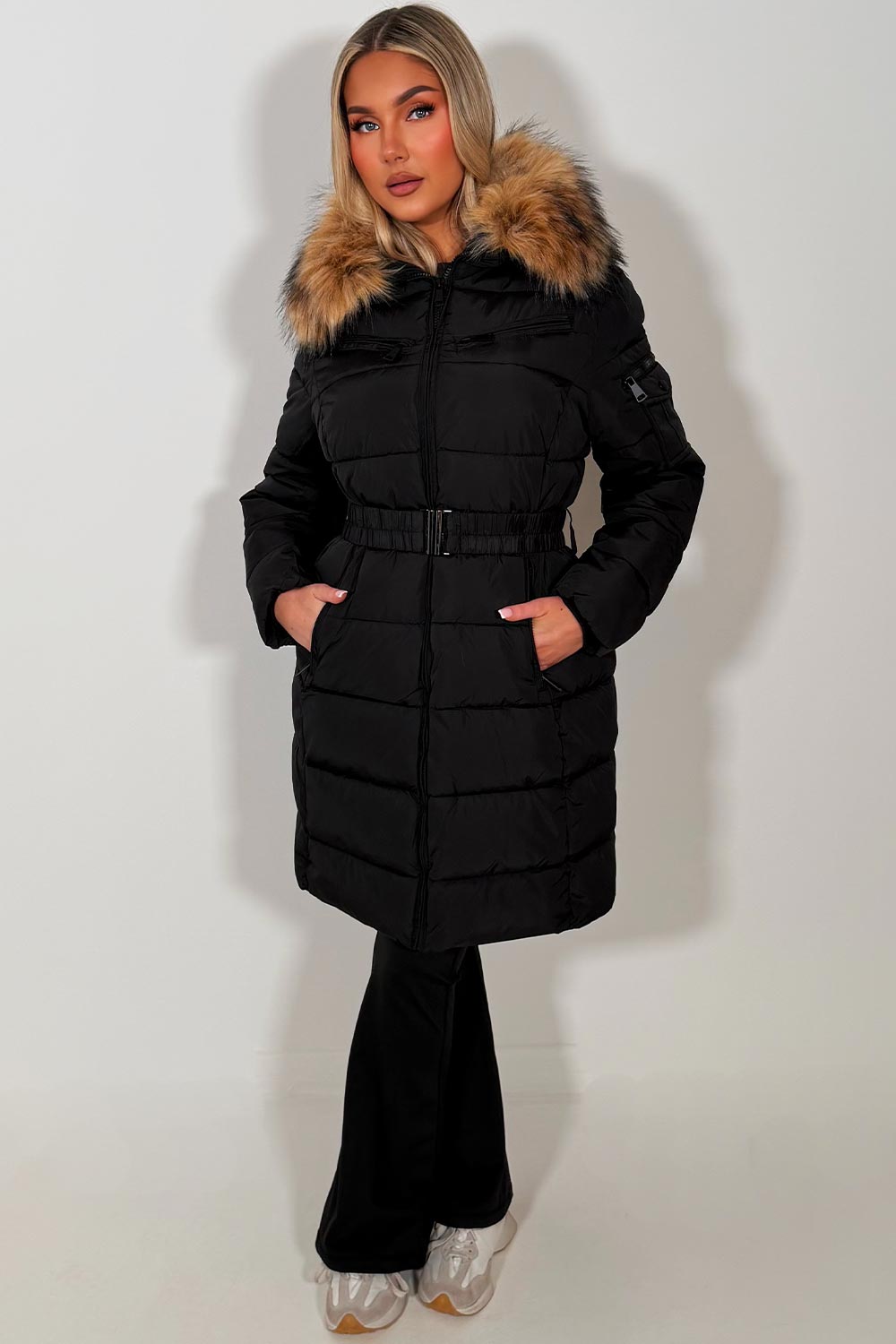 faux fur hood longline winter coat with belt