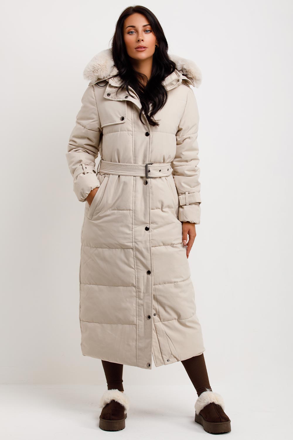 womens puffer padded coat with fur hood longline