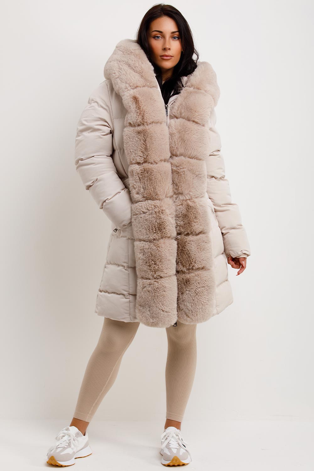 womens padded puffer hooded coat with faux fur trim