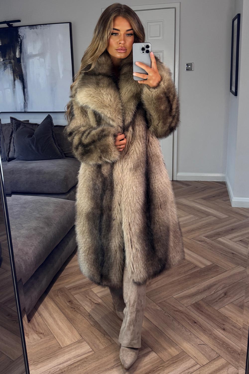 styledup taupe colour-way fur longline coat uk for womens