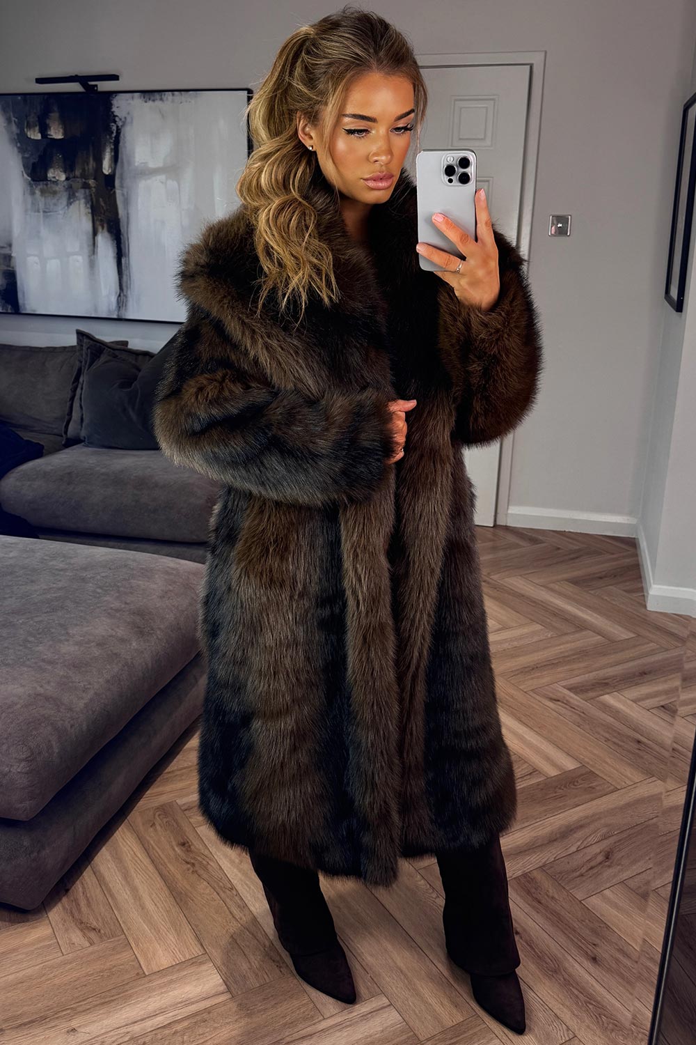 brown colour way fur maxi coat with collar styledup uk