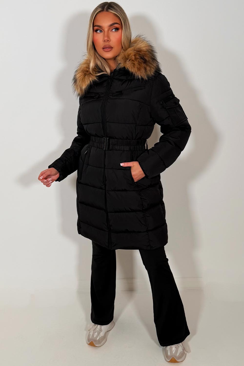 womens long coat with belt and faux fur hood