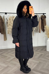 faux fur hood long down coat for womens winter outerwear 