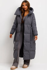 womens long puffer padded coat with hood and belt for winter