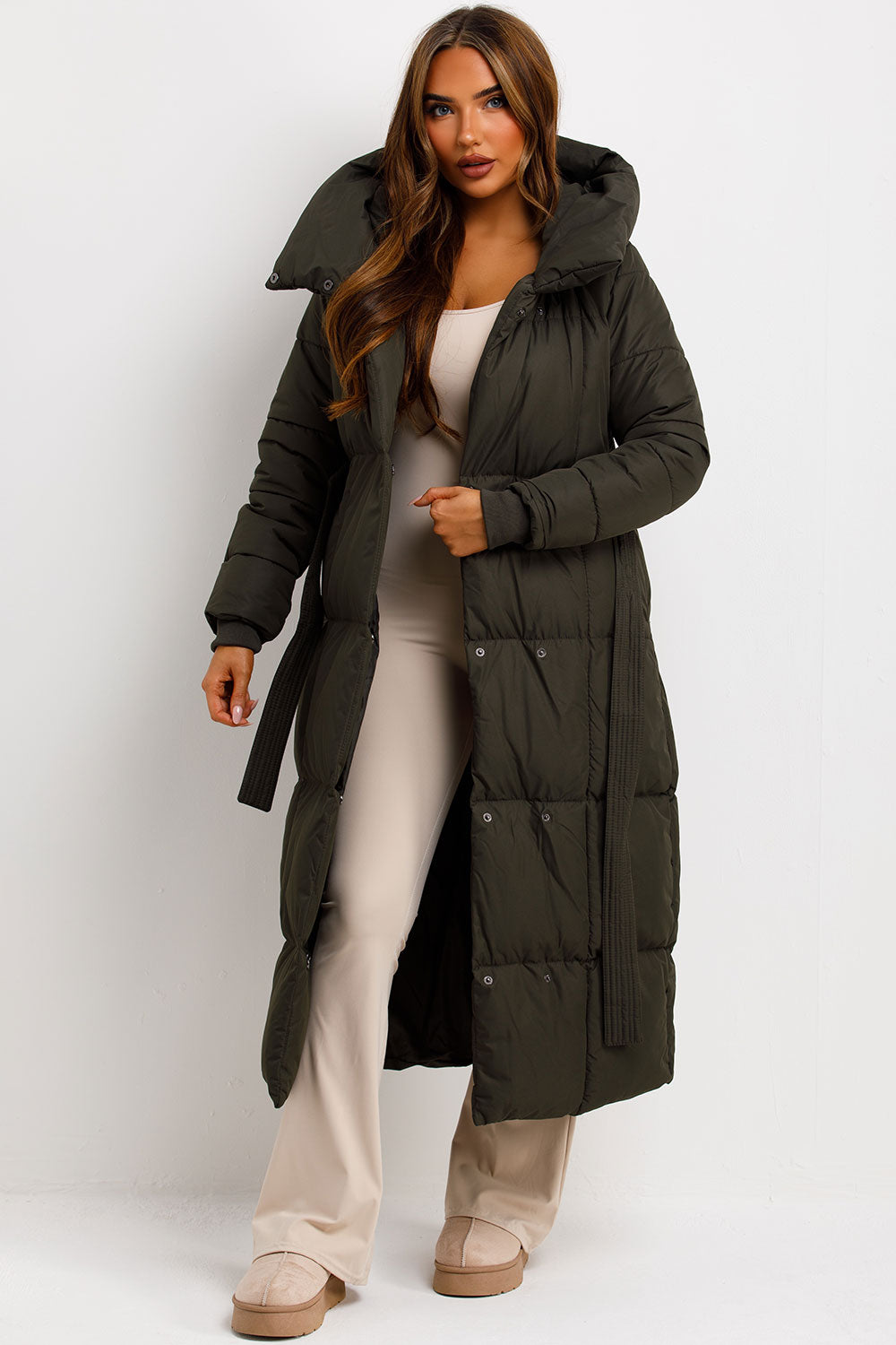 womens long puffer padded coat with hood and belt for winter