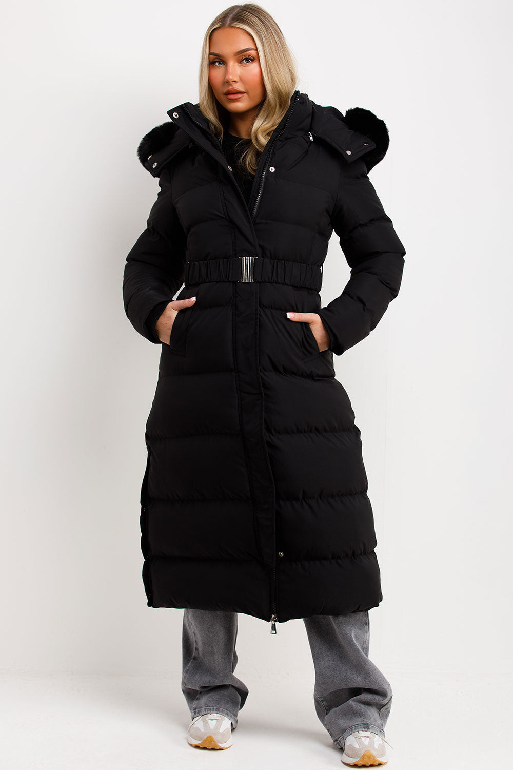 womens long puffer padded winter coat with fur hood styledup