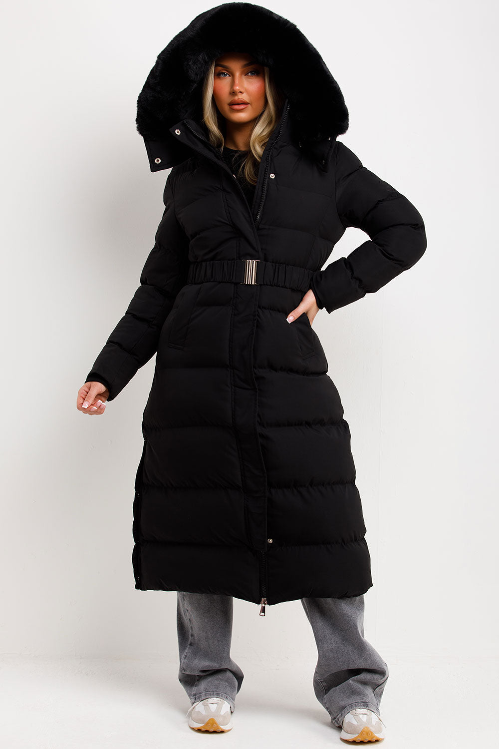 long puffer coat with belt and faux fur hood styledup