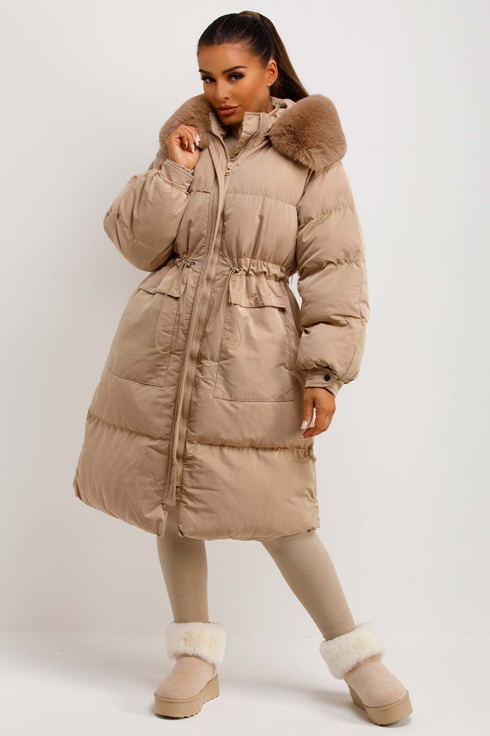 womens long coat with fur hood and drawstring waist