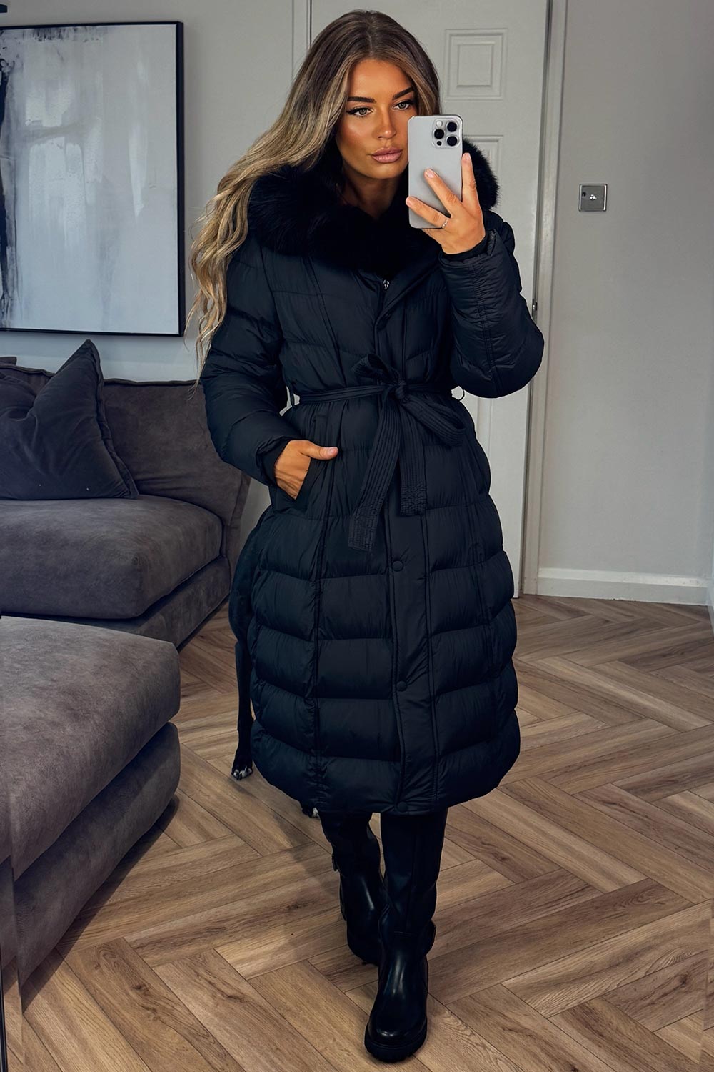 womens black padded puffer winter coat with fur hood styledup uk