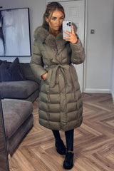 womens taupe padded puffer winter coat with fur hood styledup uk