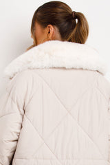 womens quilted padded puffer long coat with faux fur collar styled up