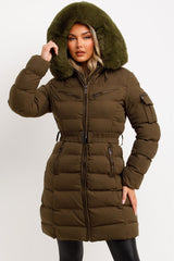 womens padded puffer long coat with fur hood
