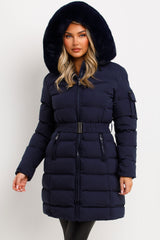 navy faux fur hood winter coat with belt styledup