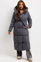 long padded puffer hooded coat womens