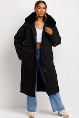 womens longline quilted puffer coat for winter styled up